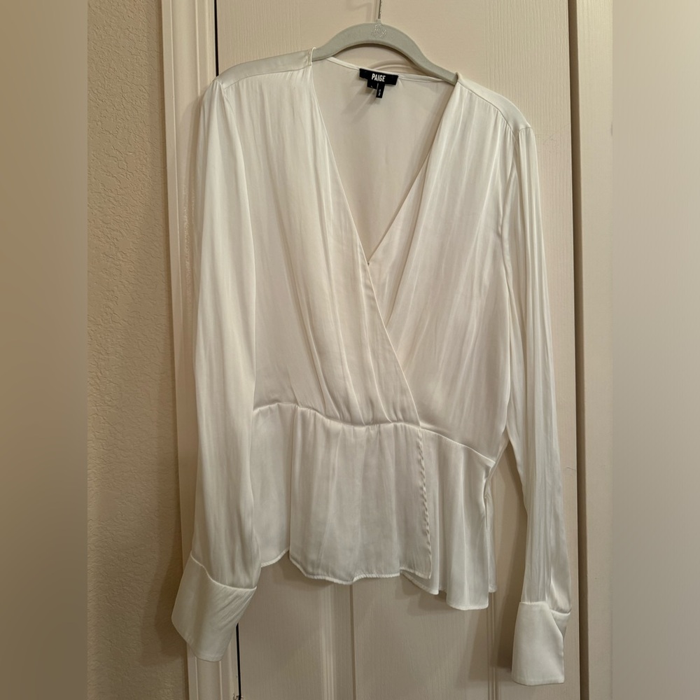 Paige Women's White Surplice Neck Long Sleeve Faux Wrap Blouse Large - Picture 4 of 8